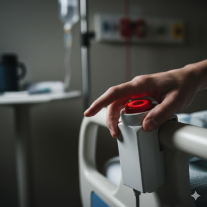 A person's hand urgently pressing a red nurse call button on a hospital bed.