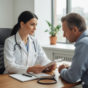 A doctor and patient discussing a medical chart together in a modern clinic office.