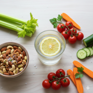 Overhead view of a glass of water with lemon, salted nuts, and fresh vegetables on a wooden table.