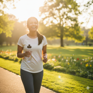 A smiling woman on a morning walk in a park, holding a water bottle and looking healthy and active.