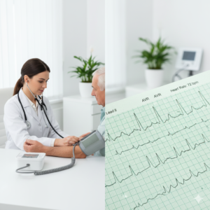 A doctor measures a patient's blood pressure next to a close-up of an ECG heart rhythm readout.