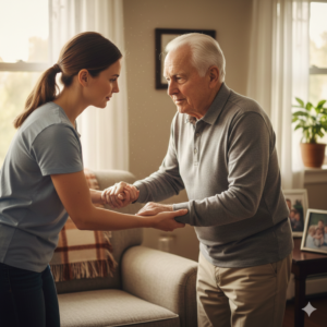 A caregiver assisting an elderly man in standing up from a chair in a safe home environment.