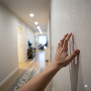 A blurred, first-person view of a hand reaching out for stability against a wall, simulating dizziness