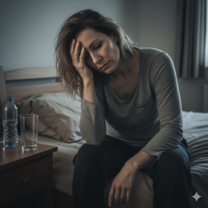A tired and unwell person sitting on a bed, with an empty glass on the nightstand, illustrating dehydration.