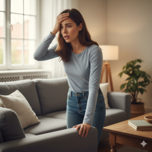 A young woman feeling dizzy and steadying herself as she stands up quickly from a sofa.