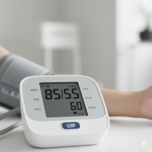 Close-up of a Low blood pressure monitor displaying a low reading of 85 over 55 mmHg on a person's arm.