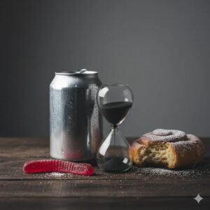 A collection of sugary foods and drinks like soda and candy with an hourglass next to them.