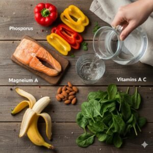 Assortment of foods rich in vitamins and minerals for oral health, including salmon, bell peppers, and spinach, with water being poured.