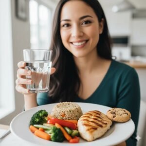 A smiling person with a glass of water and a balanced lunch plate featuring protein, grains, and vegetables.