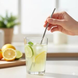 A person drinking a citrus drink through a reusable straw to protect tooth enamel.