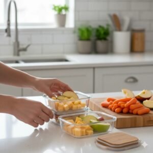 A person preparing healthy snack containers with carrot sticks, cheese cubes, and apple slices.