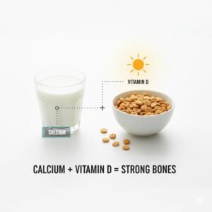 A glass of milk and fortified cereal with a sun icon, representing calcium and Vitamin D synergy.