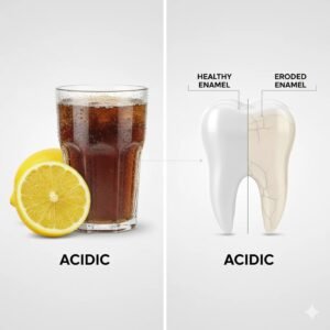 Split image comparing acidic foods like lemon and soda to a diagram showing healthy vs. eroded tooth enamel.