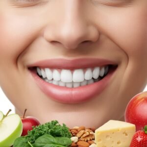 A person with a healthy, smiling face with a colorful assortment of whole foods like apples, greens, and nuts in the background. Diet Impacts Teeth Health and Oral Care