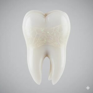 Close-up, conceptual photo of a tooth with a subtle plaque biofilm on its surface