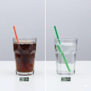 A glass of soda with an acidic pH test strip next to a glass of water with a neutral pH test strip.