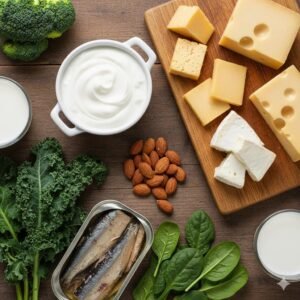 Top-down view of calcium-rich foods like yogurt, cheese, almonds, and leafy green vegetables.