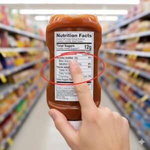 A person's hand pointing to the added sugars line on a nutrition facts label of a food package.