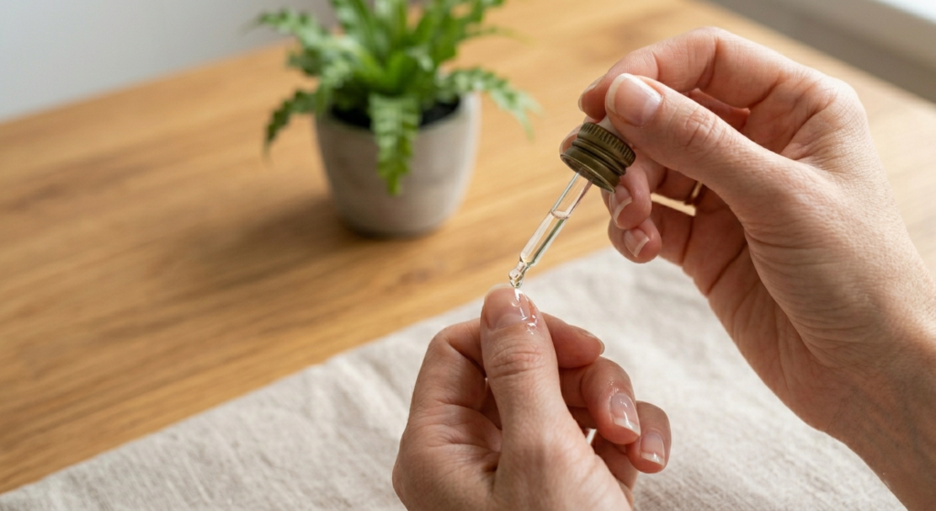 Person applying jojoba cuticle oil from small glass dropper bottle onto clean fingernails for nail hydration and care  Nail Health and Structure