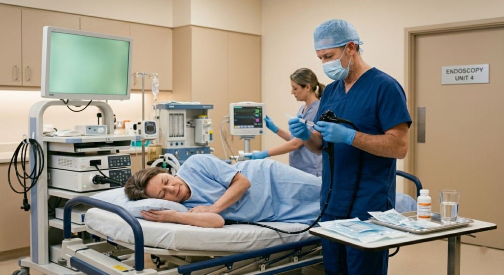 Patient lying on hospital bed while doctor in scrubs prepares an upper endoscopy procedure to diagnose gastric ulcer and H. pylori infection