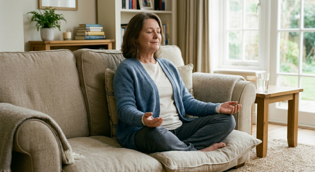 Person in comfortable clothing meditating in a peaceful living room setting to manage stress and support digestive health for ulcer prevention