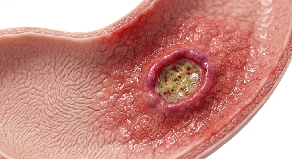 Realistic medical close-up showing a healthy stomach lining transitioning to an inflamed stomach wall with a red gastric ulcer sore