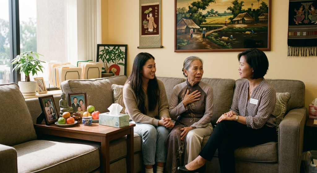 Community mental health center decorated with culturally significant artwork showing a female therapist of Southeast Asian descent sitting with a young Southeast Asian American woman and her elderly mother. The therapist listens attentively while the older woman speaks, representing culturally adapted therapy that includes family involvement.