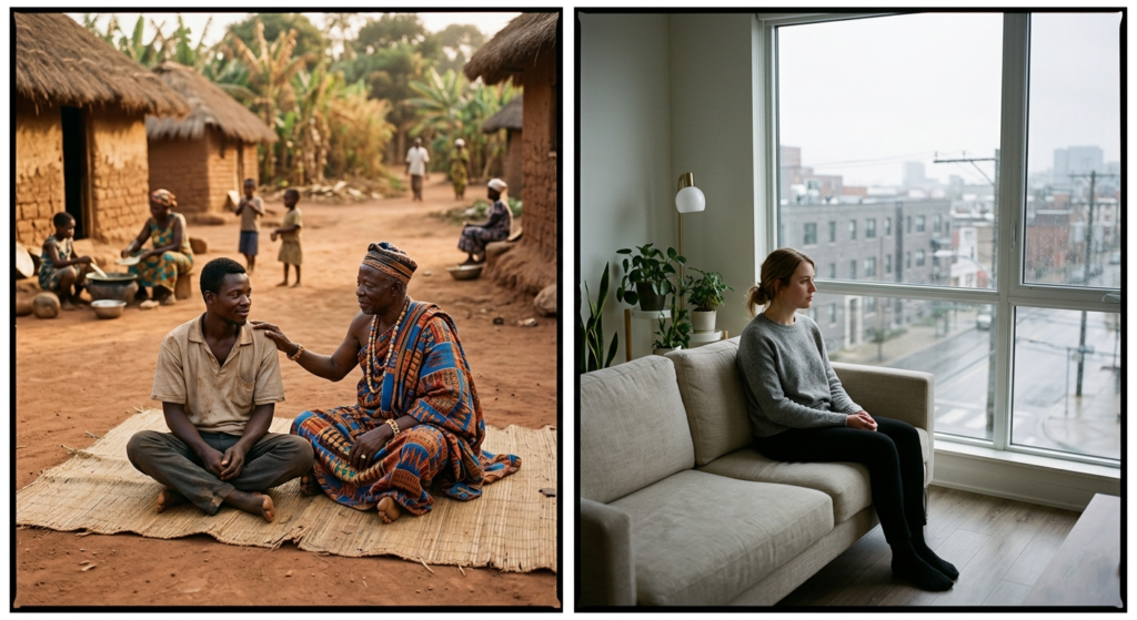 Documentary diptych comparing mental health experiences across cultures. Left image shows a young West African man receiving spiritual guidance from a traditional healer in a rural village setting. Right image shows a young Caucasian woman sitting alone in a modern urban apartment, appearing contemplative and isolated. Contrast highlights how culture shapes mental health support systems. cultural influences on mental health