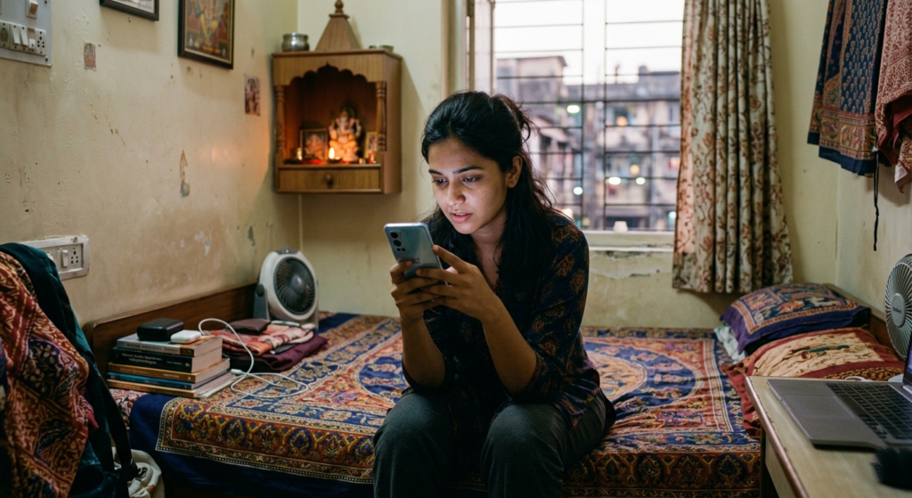 Young woman in Mumbai sitting in her bedroom, illuminated by smartphone screen glow while watching a mental health awareness video. The room blends traditional Indian elements with modern technology, illustrating how digital media is reshaping mental health understanding across cultures globally.