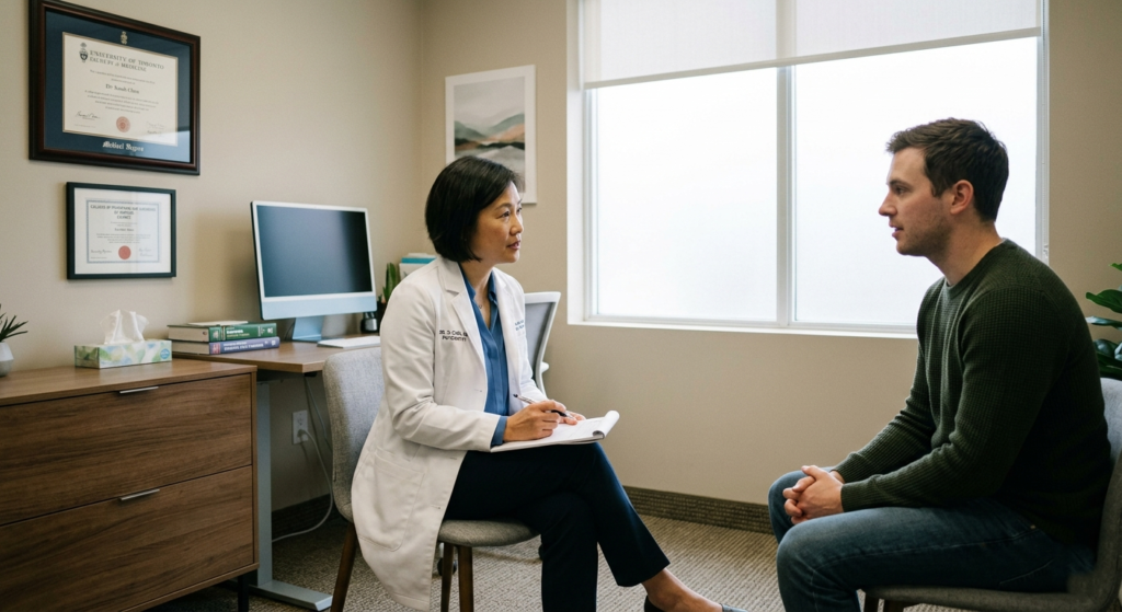 Modern psychiatric consultation room in a North American clinic showing a psychiatrist in a white coat holding a prescription pad while conversing with a seated patient. The room features neutral decor, a framed medical degree, and natural window light, representing the biomedical individualistic approach to mental health care.