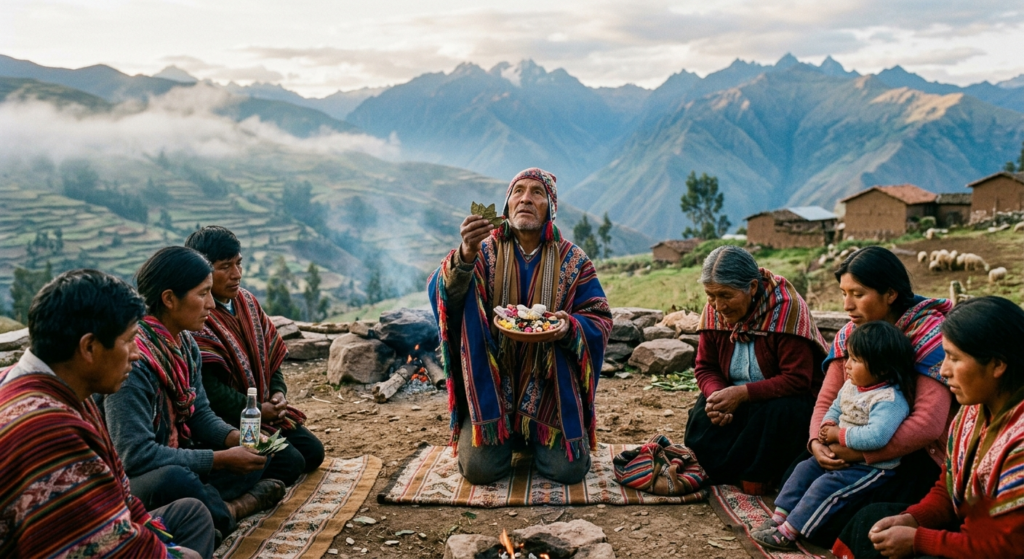 Rural Peruvian Andes scene showing a Quechua healer in traditional woven textiles performing a dawn ceremony with coca leaves and offerings to the earth. A family sits in a circle watching as mist rises from the mountain landscape. The image represents holistic spiritual community-based approaches to mental health healing.