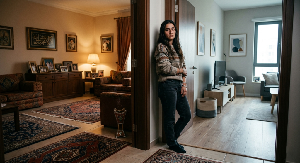 Young adult woman of Middle Eastern descent standing in a doorway threshold between two rooms. One side shows a traditional Middle Eastern living room with ornate rugs and family photos, the other shows a modern Western apartment. Her conflicted expression represents identity struggles faced by immigrants navigating between cultural views on mental health.