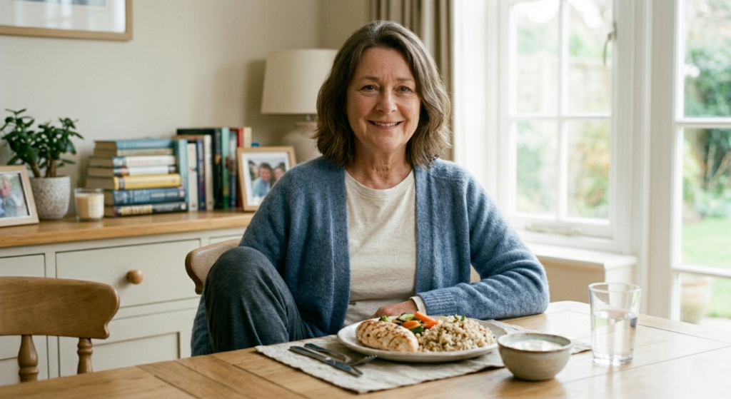 Smiling middle-aged woman sitting at dining table with a healthy meal, warm natural lighting, representing recovery and positive outlook after ulcer healing