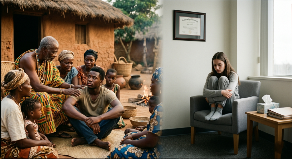 Split composition photograph contrasting cultural approaches to mental health. Left side shows a West African spiritual healer in colorful robes comforting a young man surrounded by family in a village setting. Right side shows a young woman sitting alone in a modern Western therapist's office. Cultural influences on mental health understanding visualized through documentary photography.