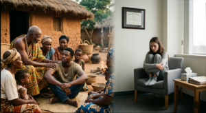 Split composition photograph contrasting cultural approaches to mental health. Left side shows a West African spiritual healer in colorful robes comforting a young man surrounded by family in a village setting. Right side shows a young woman sitting alone in a modern Western therapist's office. Cultural influences on mental health understanding visualized through documentary photography.