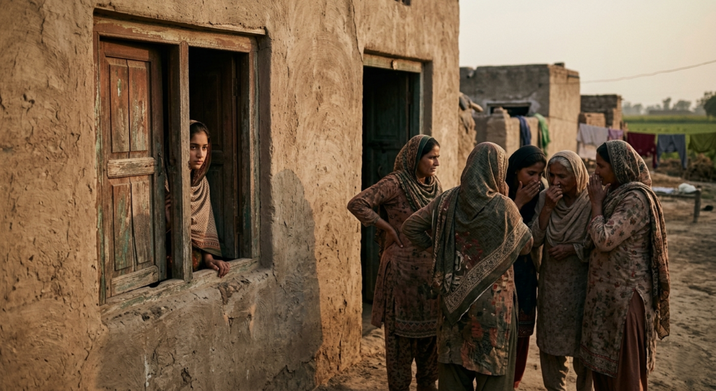 Rural South Asian village scene showing a teenage girl visible through a wooden window, her expression longing and isolated. Neighbors gather outside whispering, their body language suggesting gossip and exclusion. The image portrays the social stigma and shame associated with mental health issues in collectivist communities.