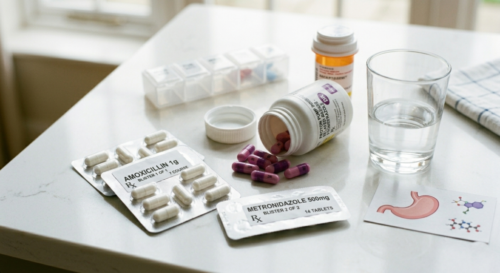 Close-up of proton pump inhibitor capsules and antibiotic blister packs with a glass of water on a clean countertop for ulcer treatment