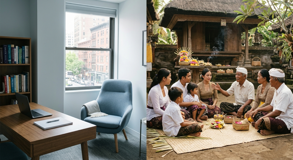 Split image contrasting mental health care environments. Left side shows a modern Western therapist's office with neutral tones, comfortable furniture, and bookshelves containing psychology texts. Right side shows a traditional Balinese family compound with multiple generations sitting together on woven mats while an elder speaks, representing collectivist approaches to healing. Cultural influences on mental health treatment settings visualized.