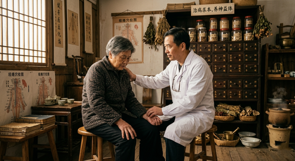 Traditional Chinese medicine clinic interior showing an elderly Chinese woman seated while a practitioner in a white coat gently takes her pulse. The room contains herbal medicine cabinets and dried herbs. The image illustrates how mental distress is often expressed through physical complaints in non-Western cultural contexts.