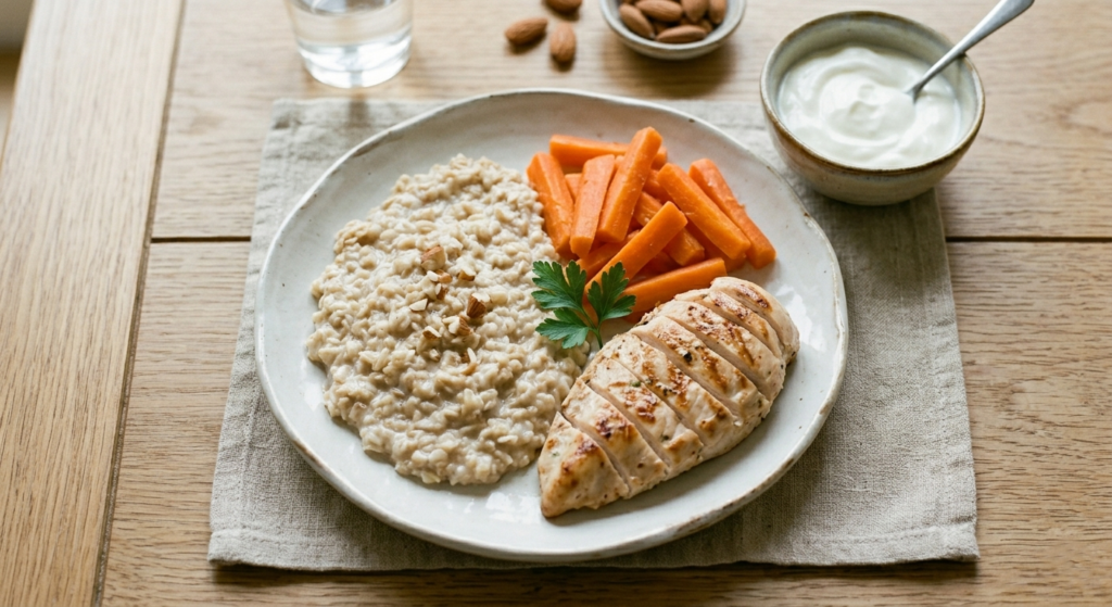Overhead shot of ulcer-friendly foods including oatmeal, steamed carrots, grilled chicken breast, and yogurt on a wooden table