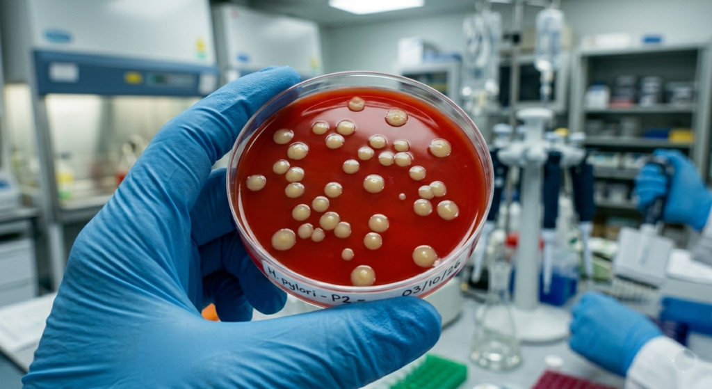 Scientist in blue gloves holding a petri dish with Helicobacter pylori bacteria colonies under laboratory lighting, representing H. pylori infection