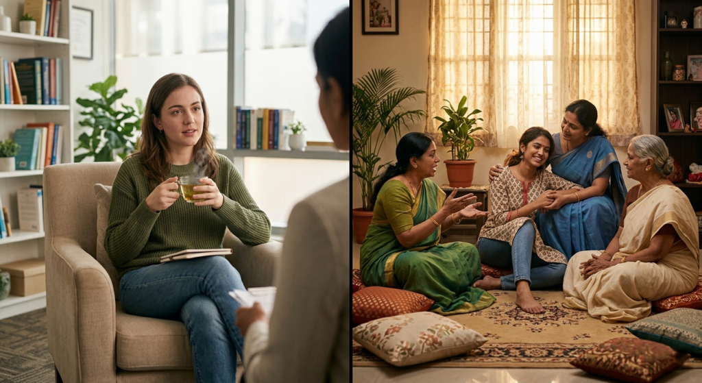 Split image comparison of depression help-seeking across cultures. Left shows a young Caucasian woman in individual talk therapy sitting in a modern therapist's office. Right shows a young South Asian woman receiving comfort from three older female family members in a traditional Indian home setting, representing collectivist family-based support for mental distress.