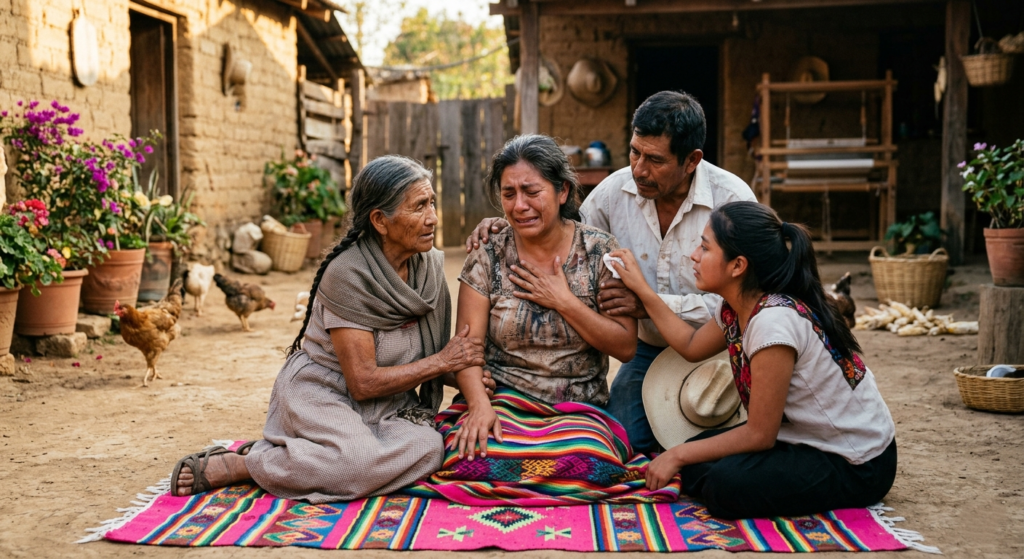 Rural Mexican courtyard showing a middle-aged Latina woman surrounded by three generations of her family. She gestures with her hand on her chest while emotional, as her relatives lean in with concern. The scene depicts an ataque de nervios episode, a culture-bound syndrome recognized in Latinx communities involving intense emotional distress triggered by family stress.
