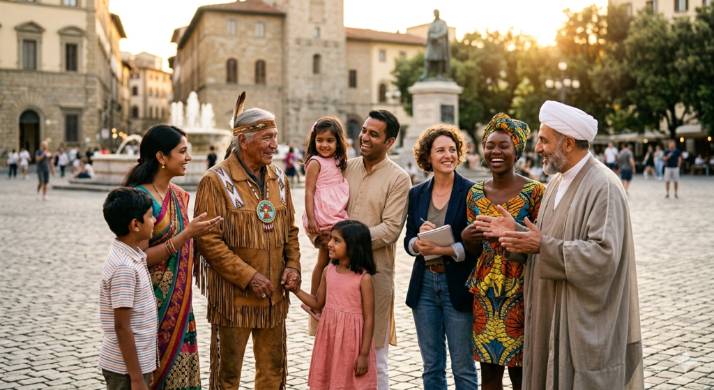 Diverse group of people from around the world including an Indigenous elder, young African woman, South Asian family, Western therapist, and Middle Eastern religious leader standing together in a sunlit public plaza engaged in warm conversation. The image symbolizes global collaboration and inclusive compassionate mental health care across cultures.
