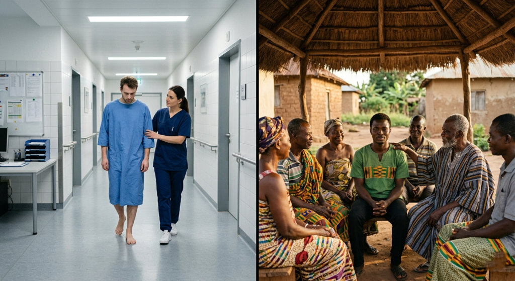 Split image contrasting psychosis experiences across cultures. Left shows a German hospital psychiatric ward corridor with a young man in a hospital gown accompanied by a nurse in a clinical sterile environment. Right shows a rural Ghanaian village compound where a young man sits peacefully surrounded by elders and family members who offer blessings and communal acceptance.