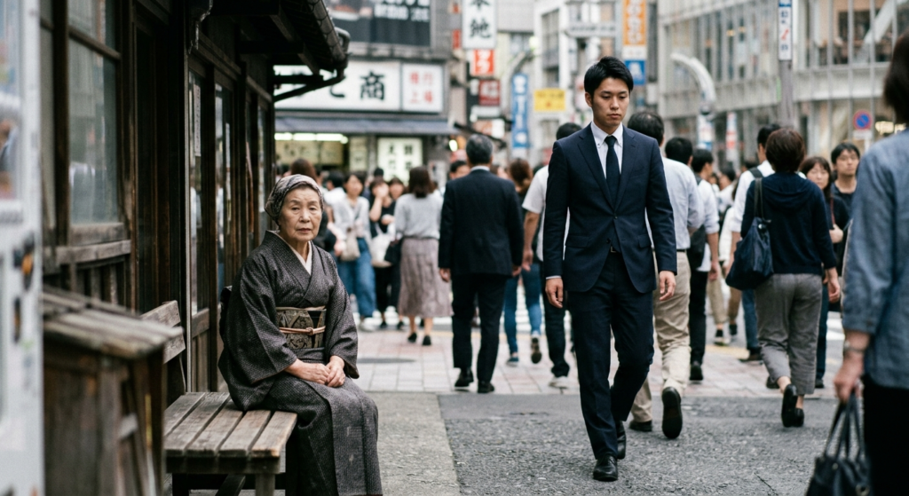 Street photography in Tokyo showing a young Japanese businessman in modern attire walking through a crowded Shibuya crossing while an elderly woman in traditional kimono sits on a bench in the foreground. The image illustrates cultural norms of emotional restraint across generations in Japanese society.