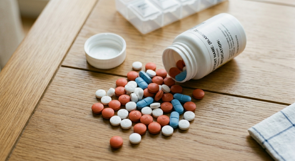 Flat lay of ibuprofen, aspirin, and naproxen tablets spilled from a white prescription bottle on a wooden table, showing NSAIDs overuse risk