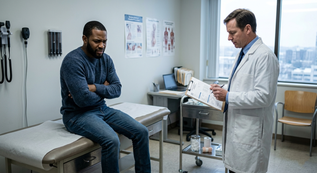Hospital consultation room showing a Black American man seated on an examination table with a frustrated expression while a white physician stands at a distance holding a clipboard. The physical distance and body language suggest cultural disconnect and potential diagnostic bias in mental health care settings.