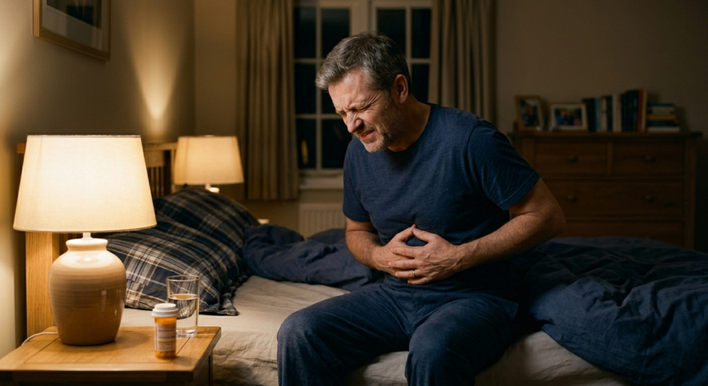 Middle-aged man sitting on bed at night holding his upper abdomen with a pained expression, showing burning stomach pain from gastric ulcer
