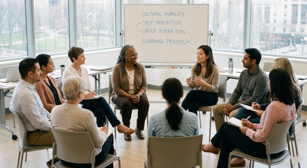 Training seminar with diverse mental health professionals including psychologists, social workers, and psychiatrists sitting in a circle. A Black female facilitator leads a discussion on cultural humility with terms written on a whiteboard. The image represents professional development in culturally competent mental health care.